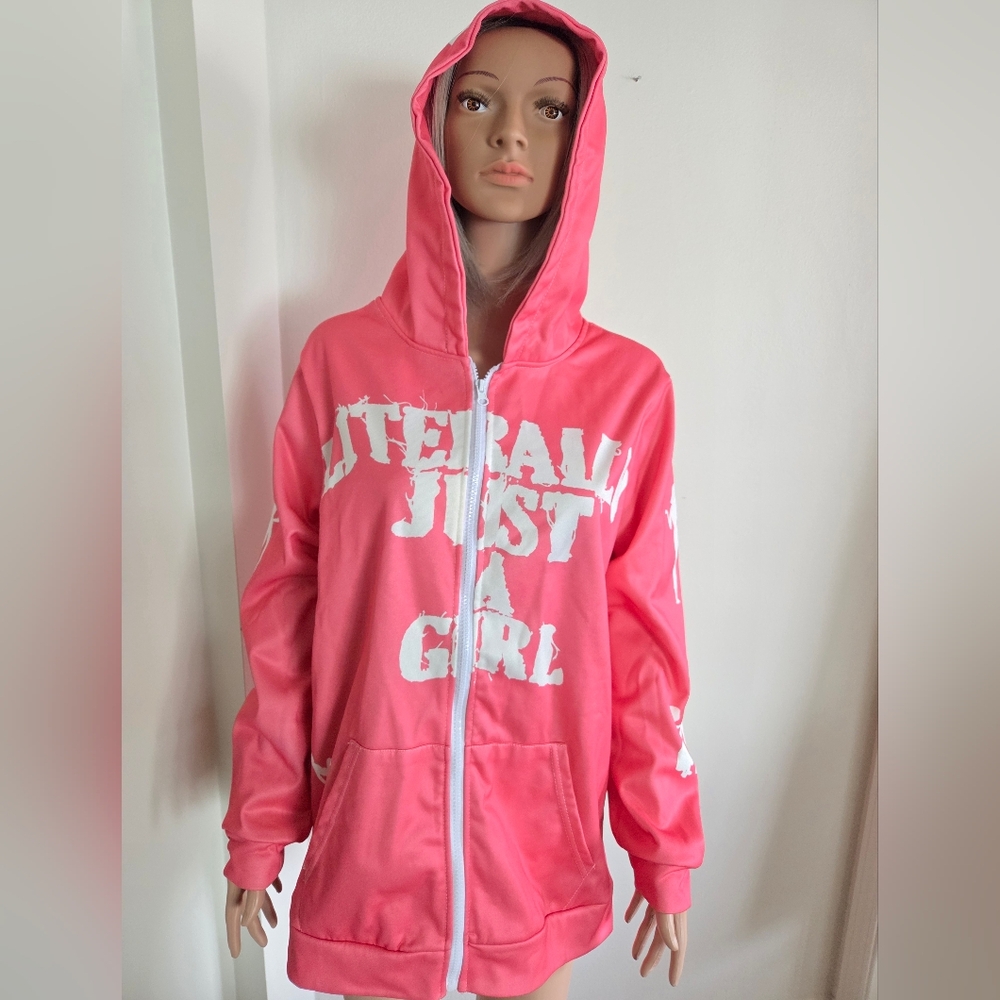 Literally Just A Girl Pink Hoodie Zip Up Size XL - Picture 4 of 9